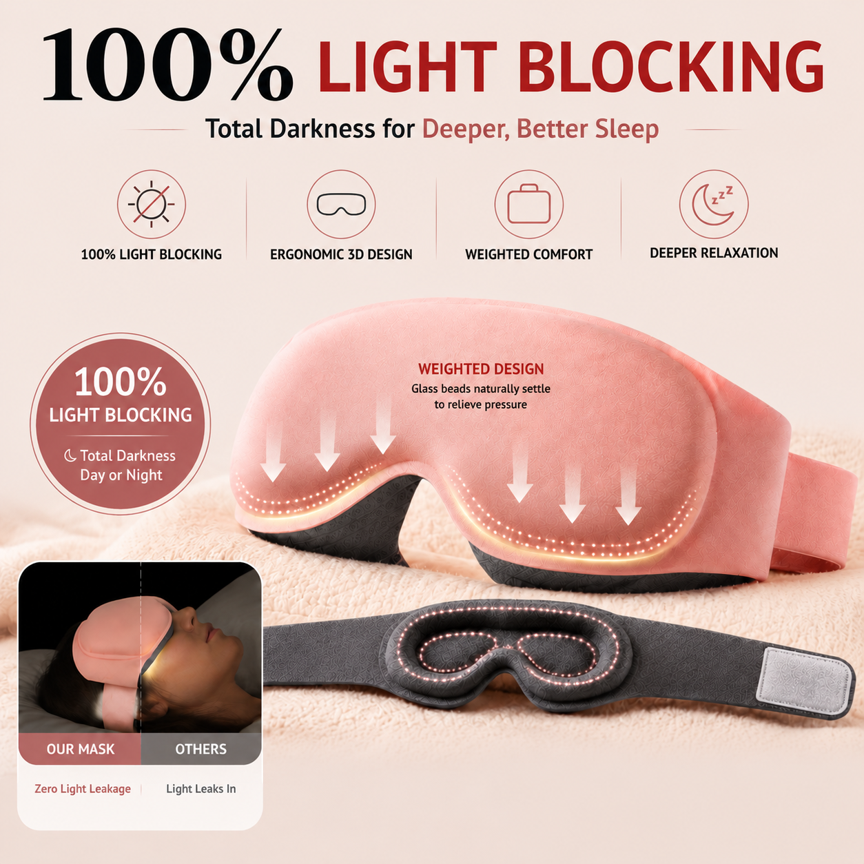 Contoured eye cup detail on weighted sleep mask