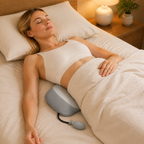 Woman resting with an adjustable lumbar support pillow