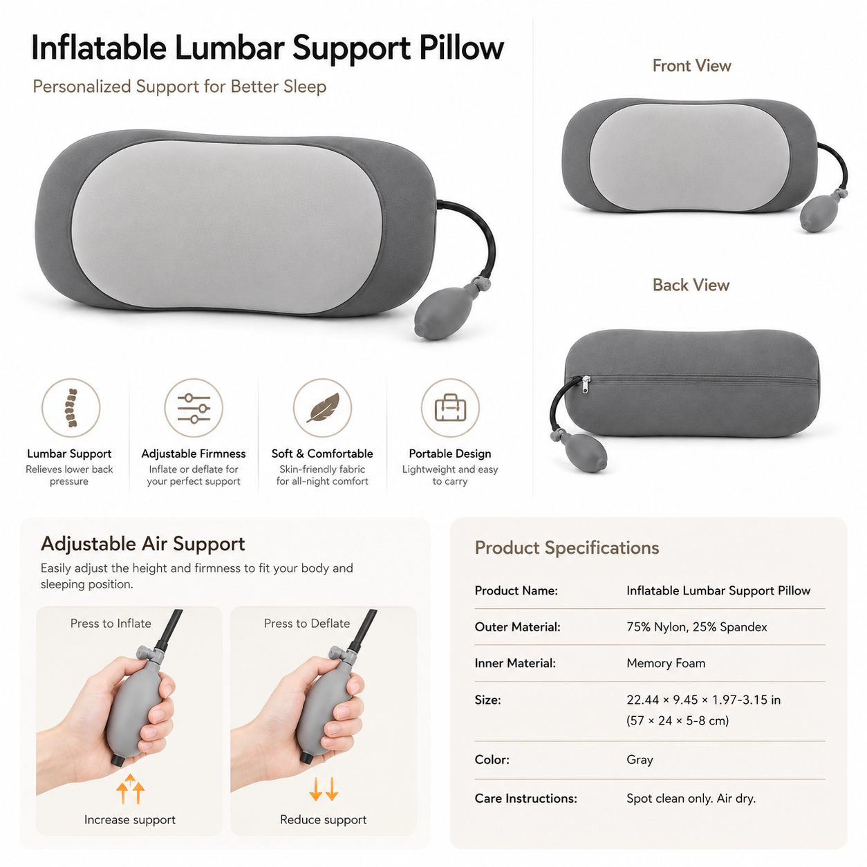 Adjustable lumbar support pillow size and product overview