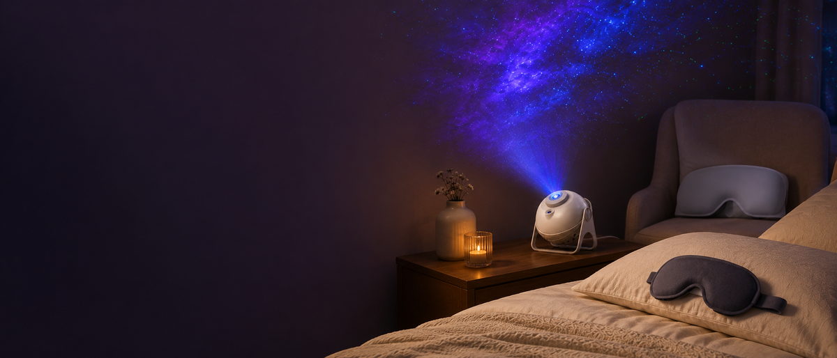 Lundrea sleep mask and galaxy projector in a calm bedroom at night
