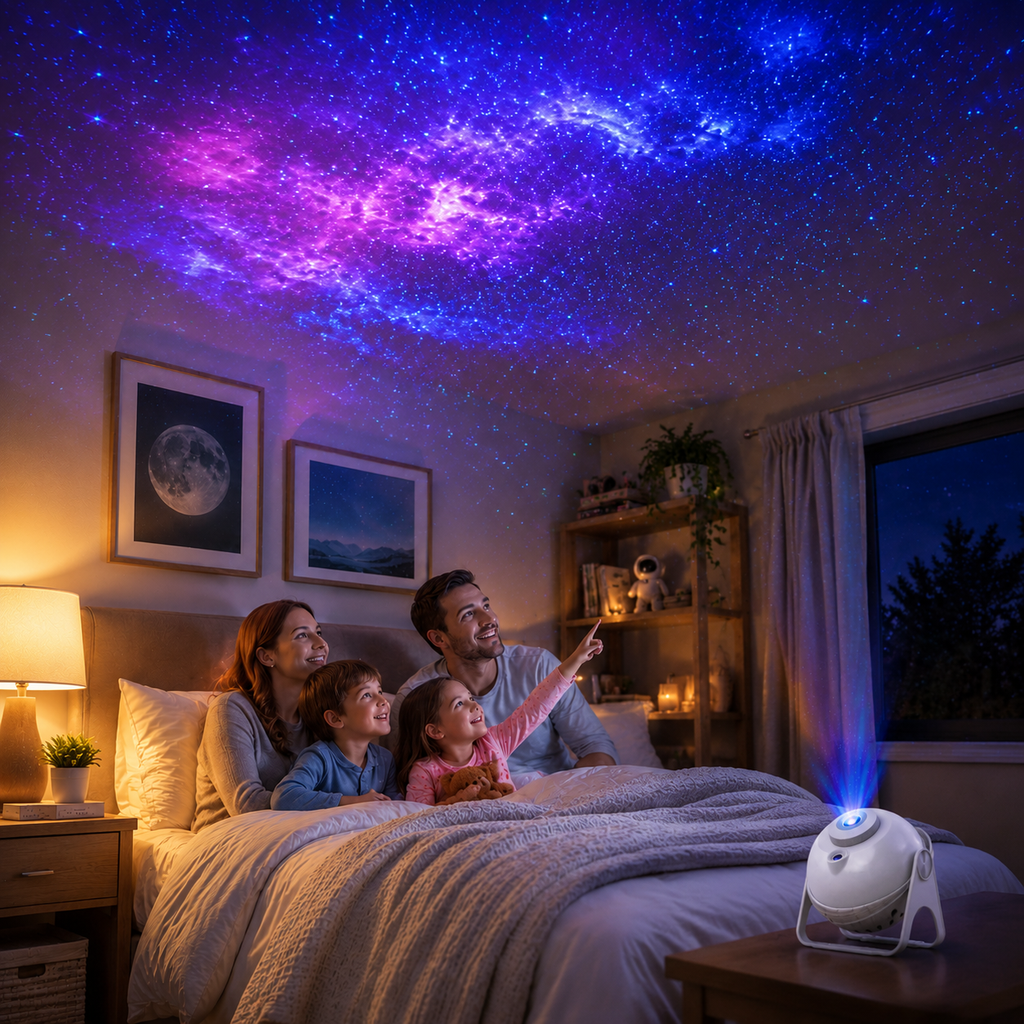 Galaxy star projector creating a starry bedroom scene