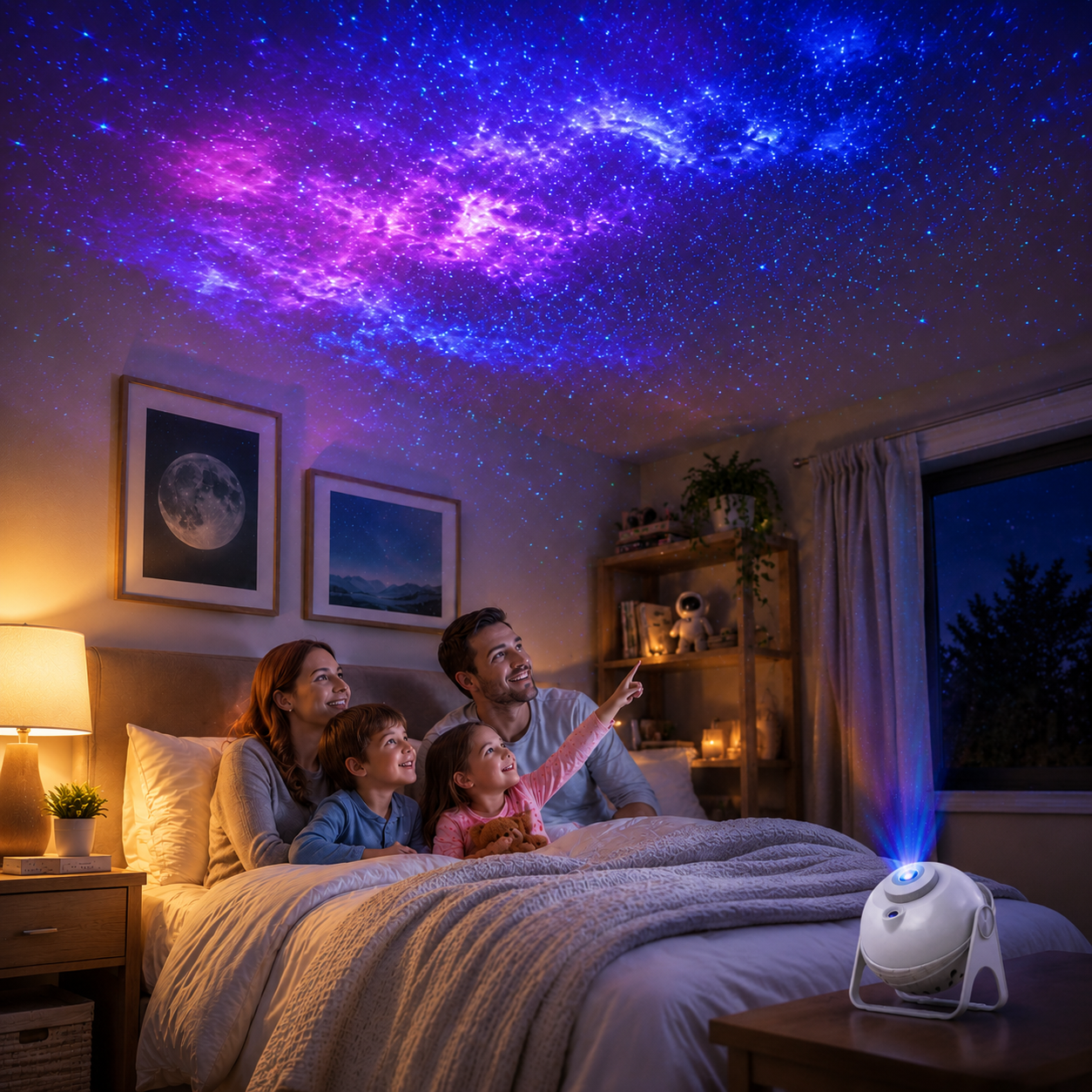 Galaxy star projector creating a starry bedroom scene
