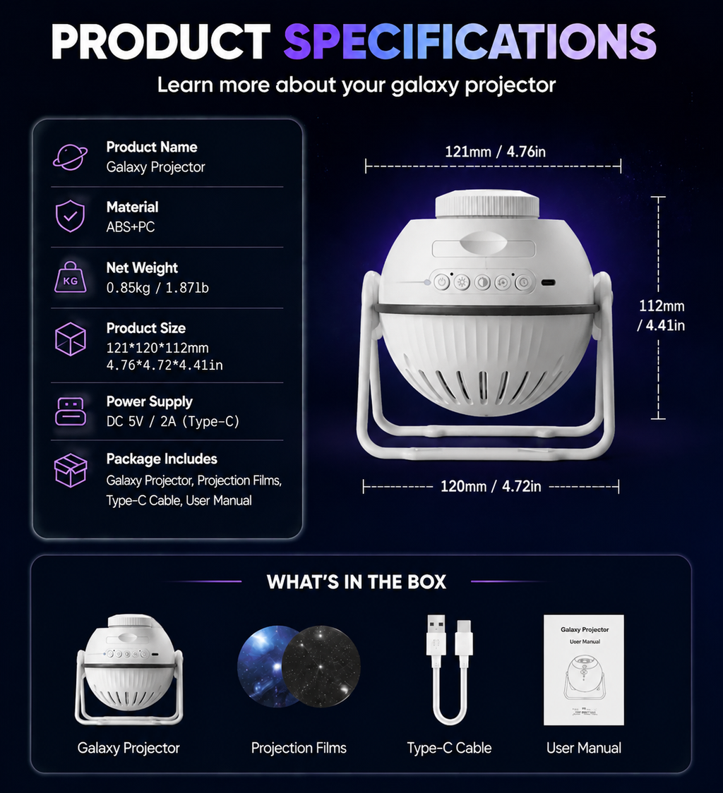 Galaxy star projector dimensions and feature overview