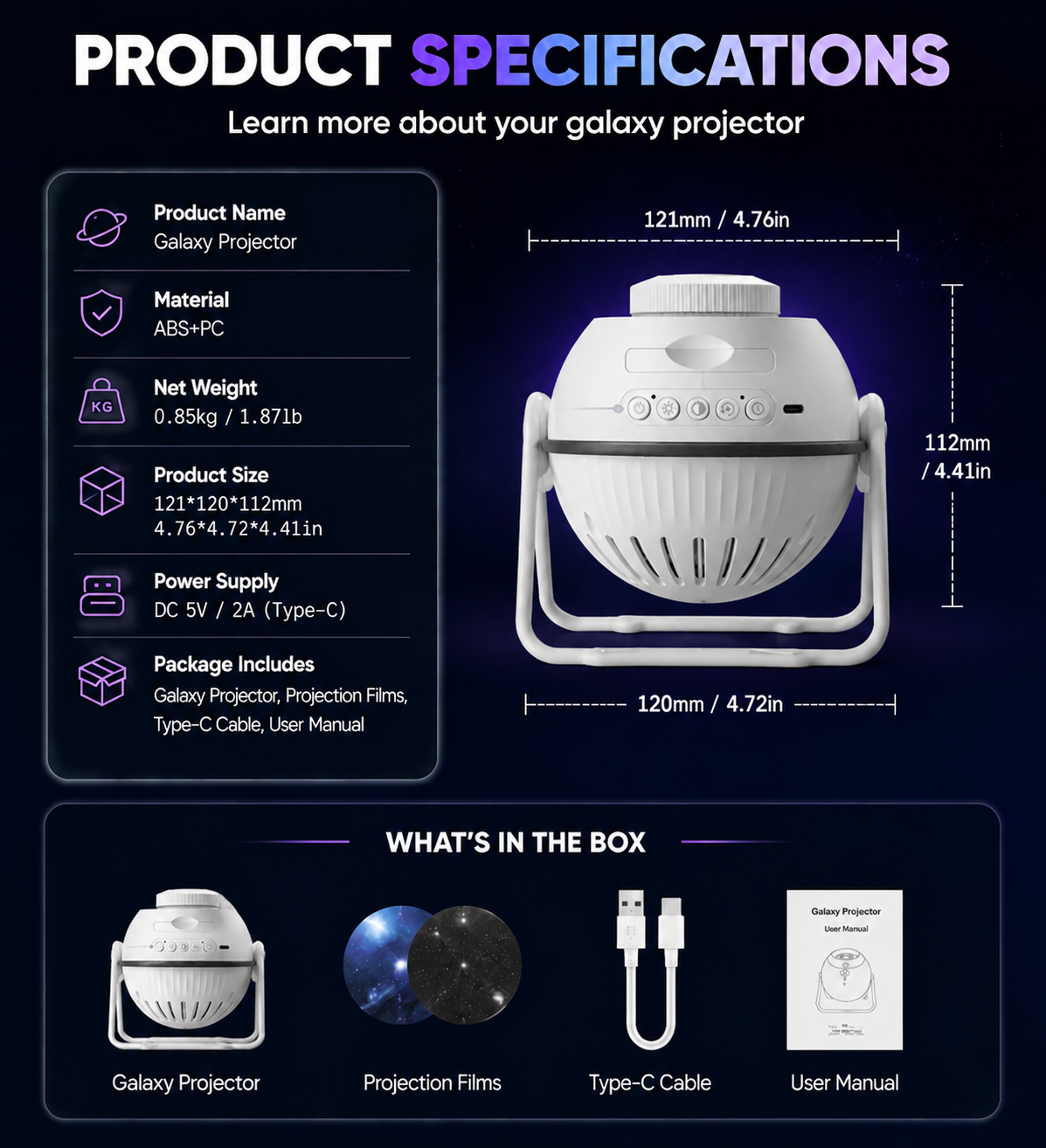 Galaxy star projector dimensions and feature overview