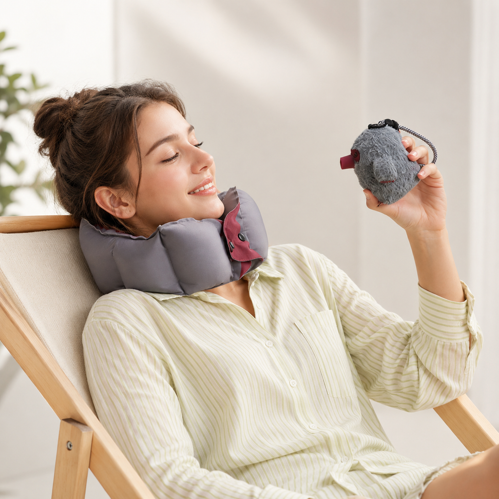 Inflatable travel neck pillow with built-in hand pump