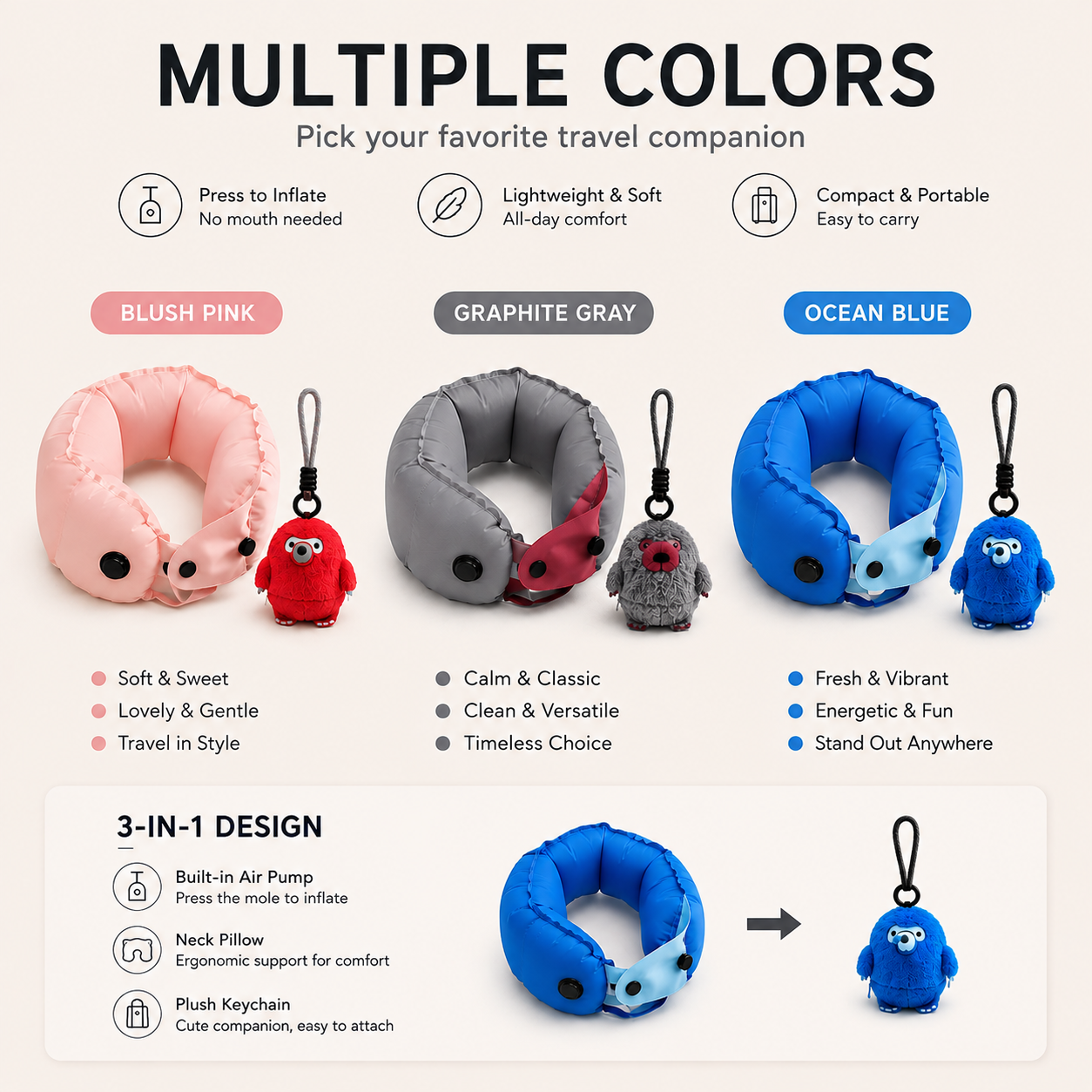 Inflatable neck pillow folded for packing