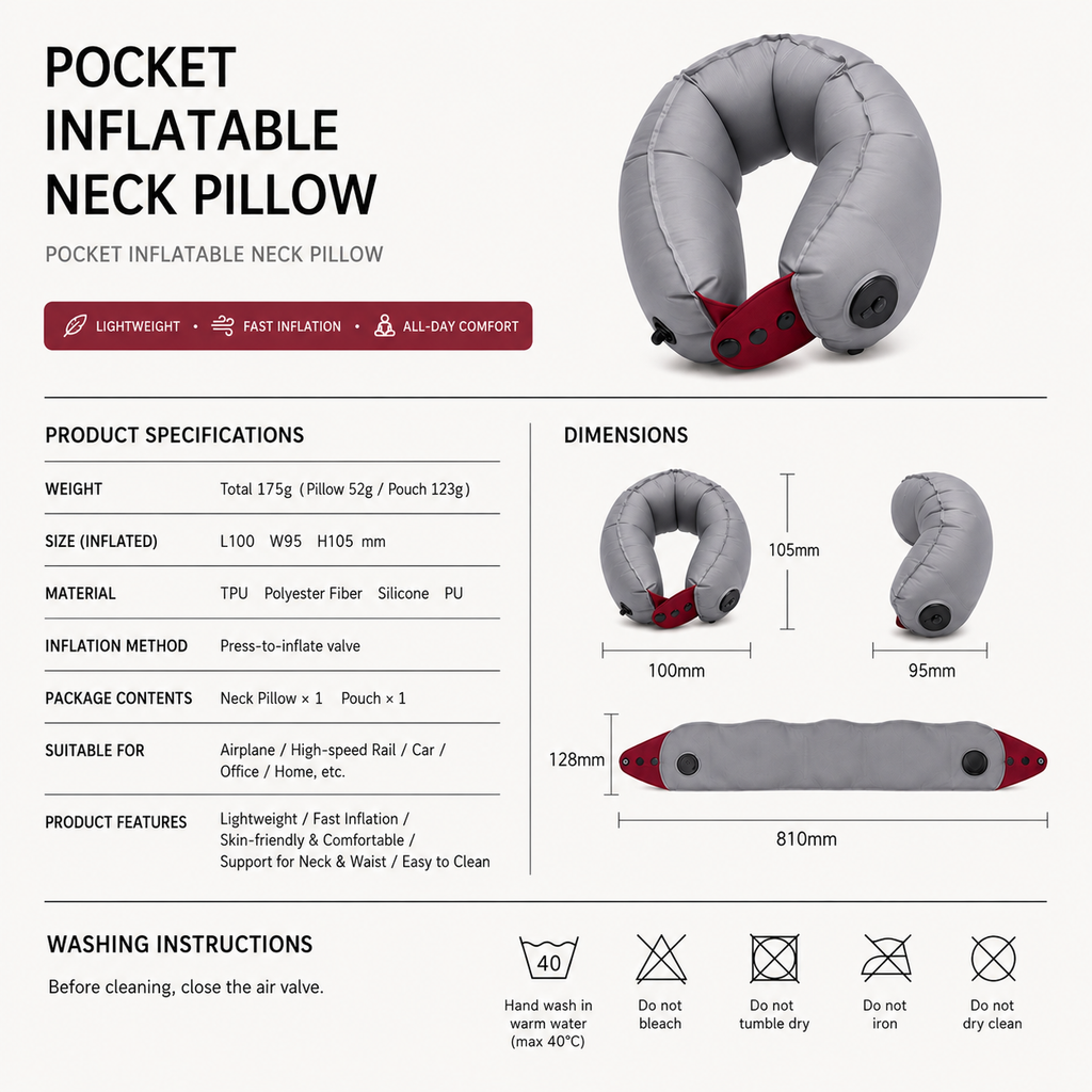 U-shaped travel pillow folded into its plush storage pouch