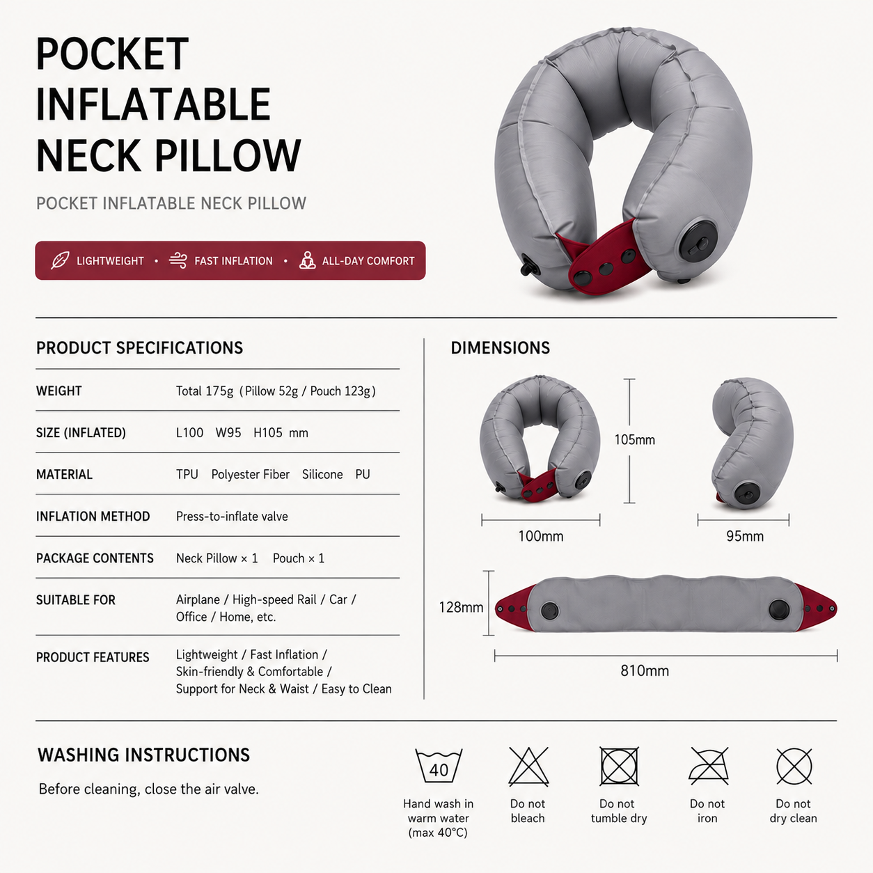 U-shaped travel pillow folded into its plush storage pouch