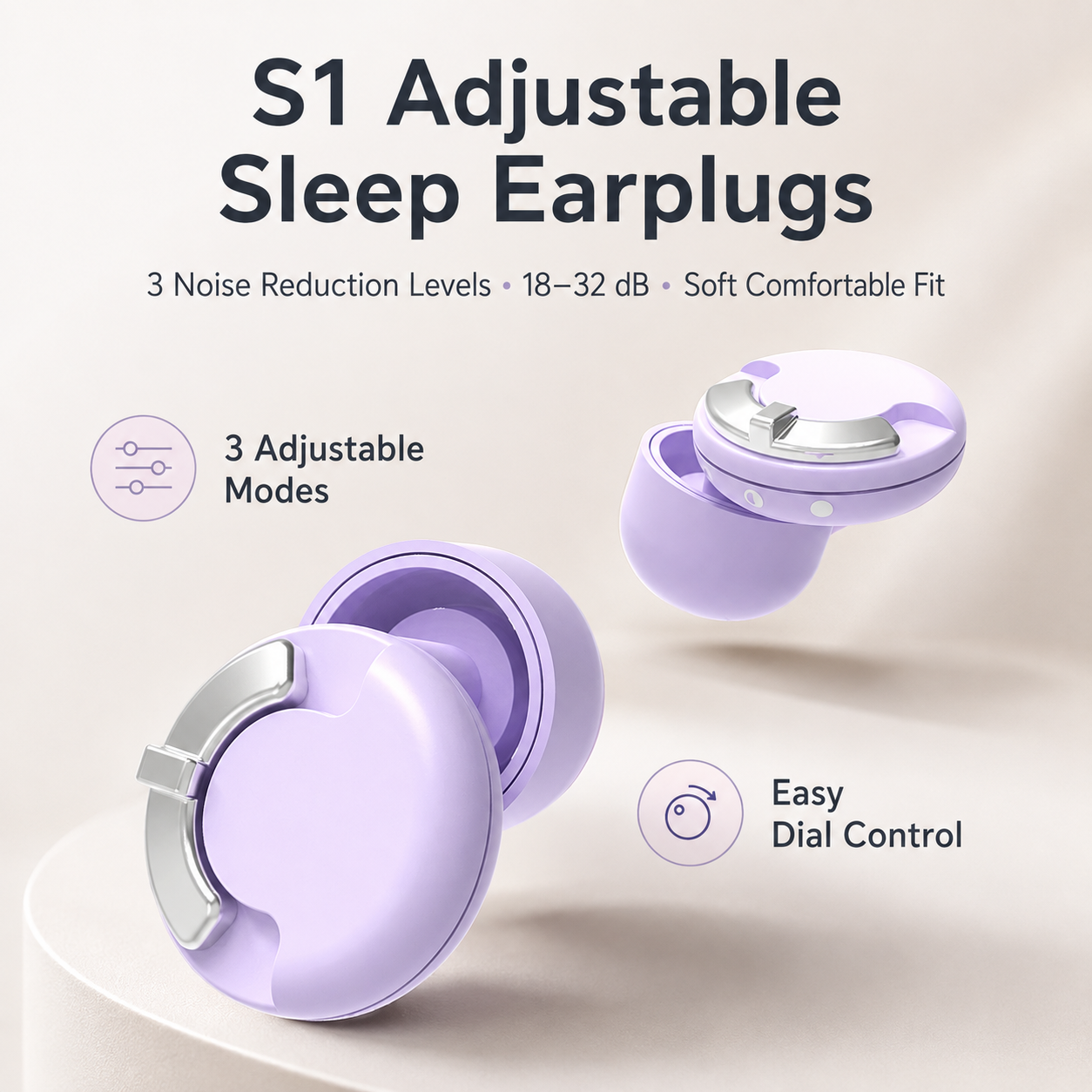 Lavender Lundrea S1 adjustable sleep earplugs with three noise reduction levels
