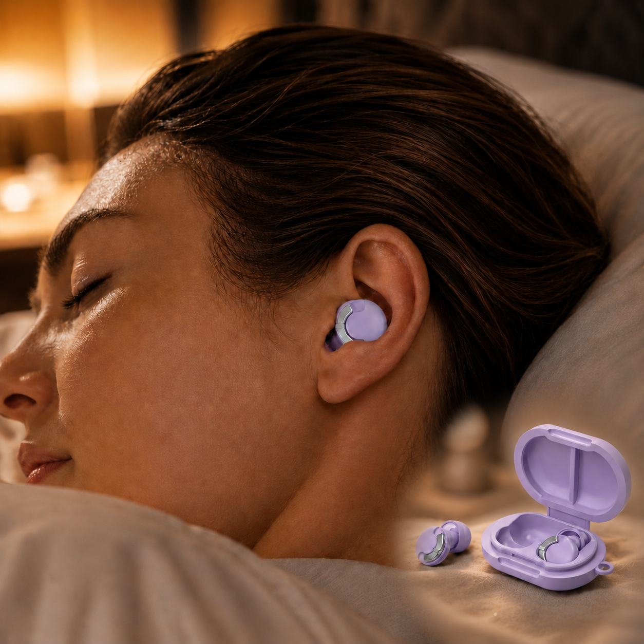 Woman wearing lavender Lundrea S1 adjustable sleep earplugs while sleeping on her side