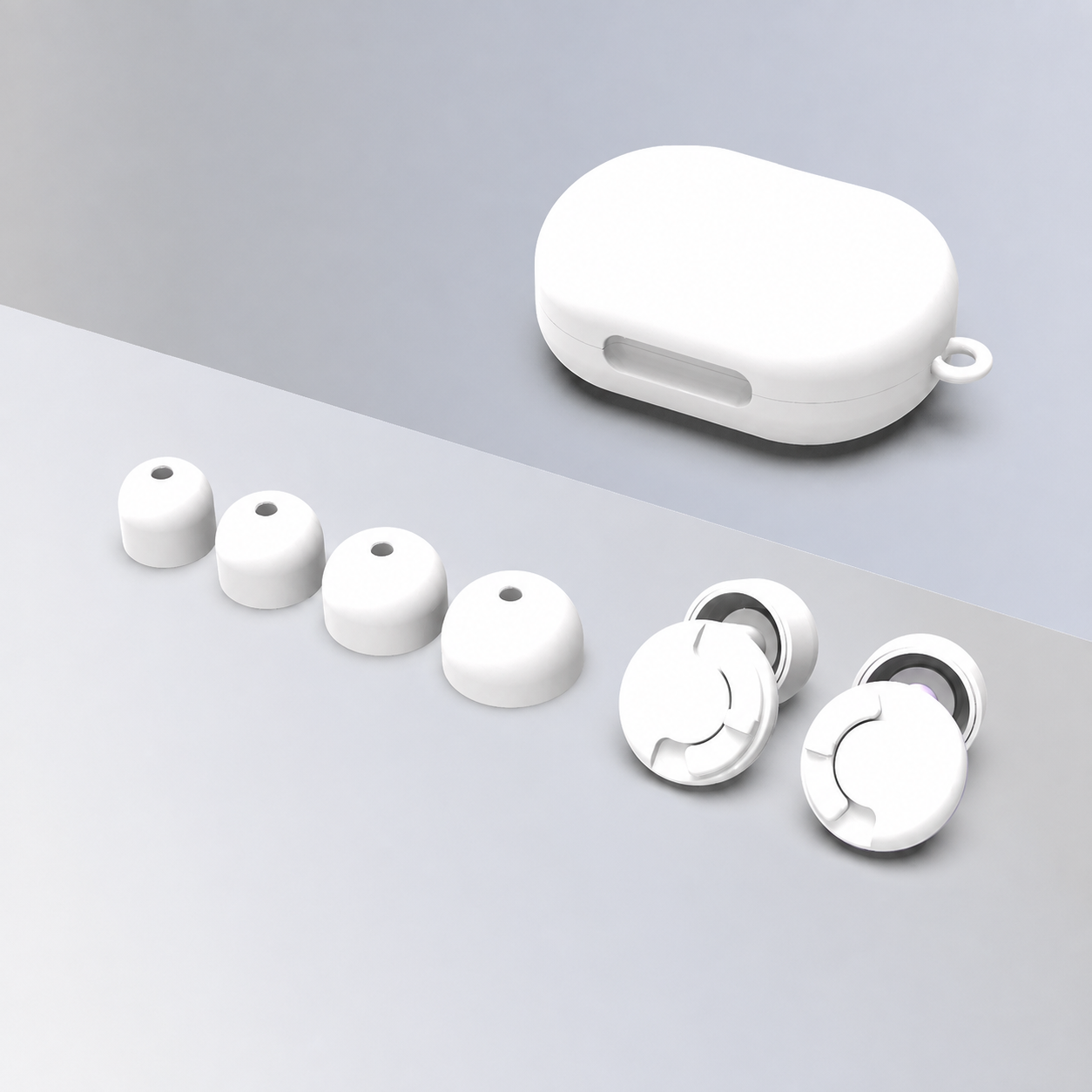 Cloud White Lundrea S1 adjustable sleep earplugs with case and silicone tips